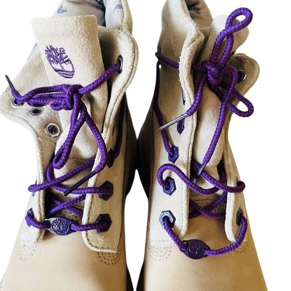 TIMBERLAND Womens Roll Top A21UK Beige Leather/Purple Lace Up Boots size 7. - Picture 3 of 10